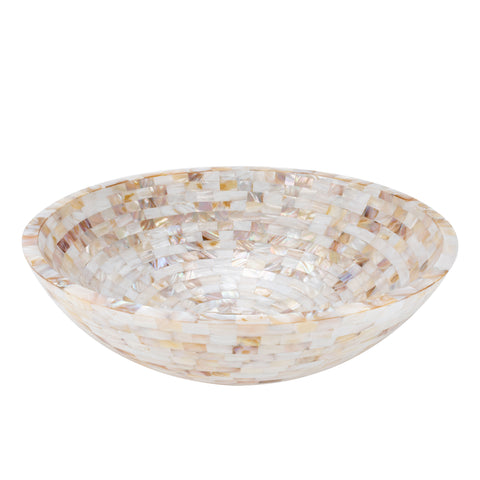 Mother of Pearl Vessel Sink 16 X 16 Inch Diameter, White and Gold Rectangular Cubes Inlay