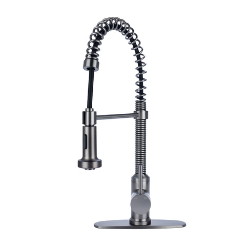 Fontaine by Italia Residential Spring Coil Pull Down Kitchen Faucet Flat Spray Head and Deck Plate in Pewter