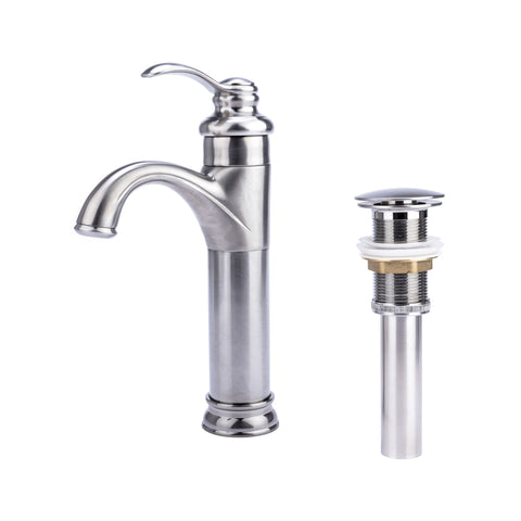 Transitional Single Hole Single-Handle Vessel Bathroom Faucet with Drain in Brushed Nickel